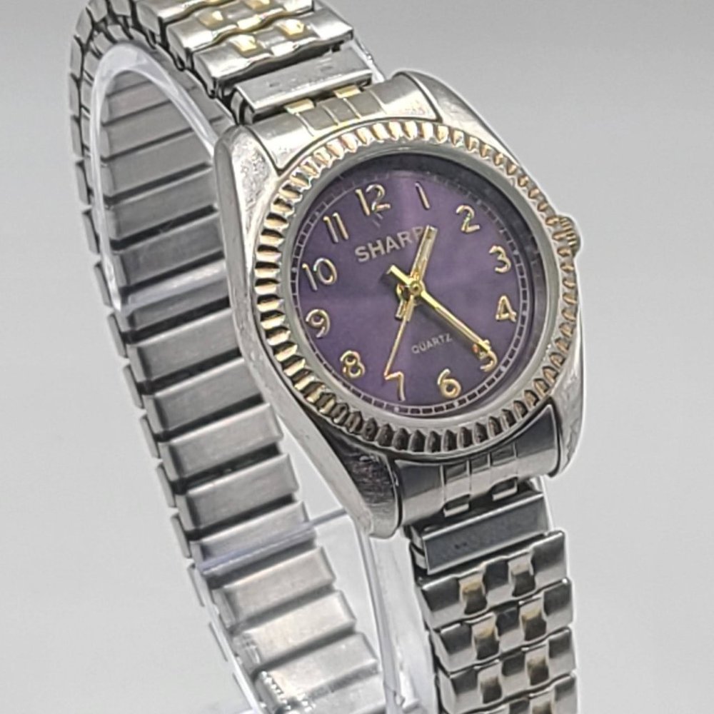Vintage Mens Sharp Purple/Blue face, gold beveled edge, SHP935L Quartz Gold/Silv